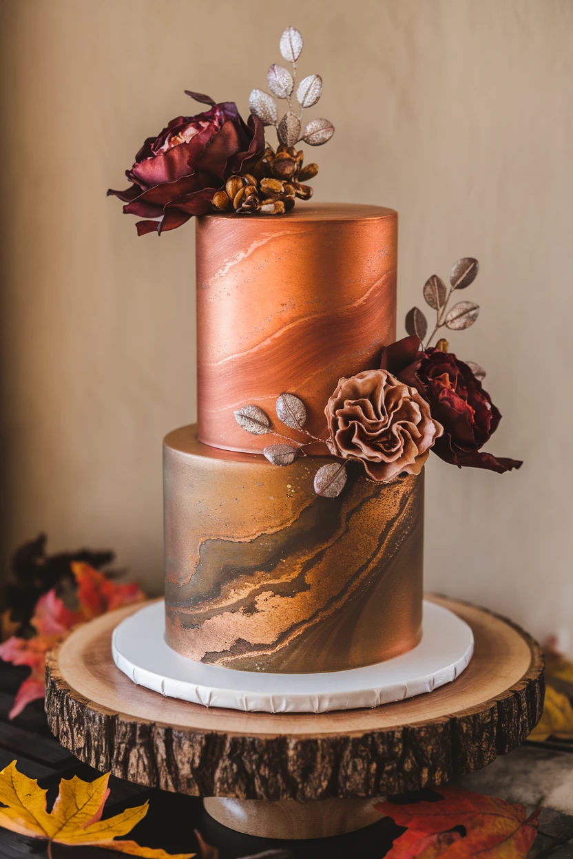 A two-tier cake with a copper and rose gold finish, decorated with burgundy flowers and metallic leaves, displayed on a wooden base.