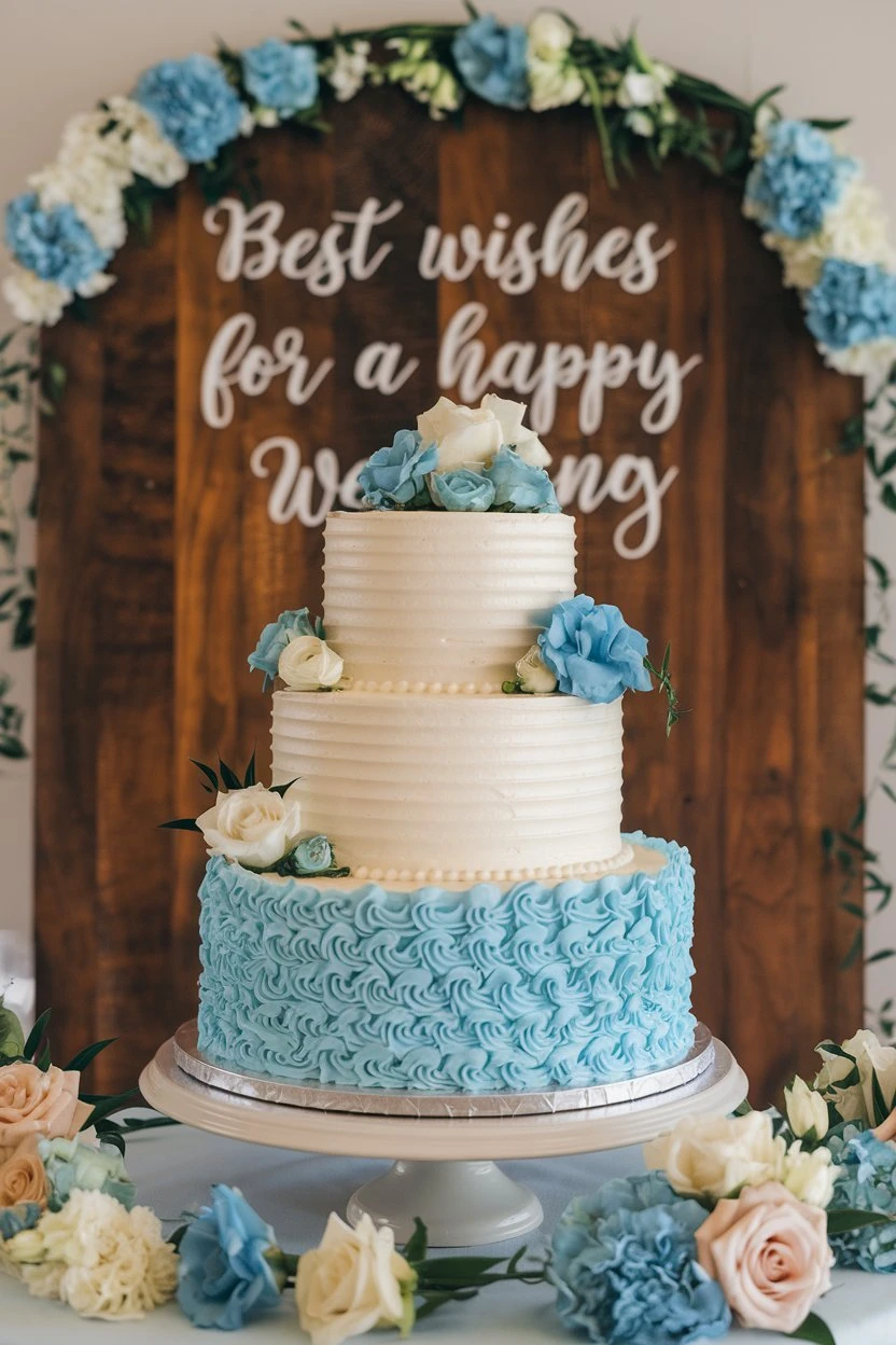 Three-tiered wedding cake featuring a smooth design with blue and white frosting and fresh flowers.