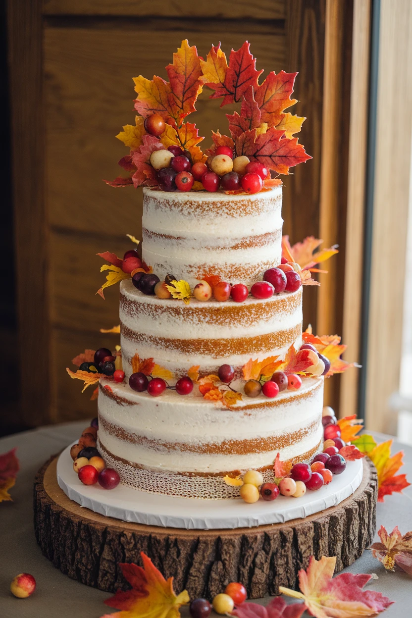 A three-tiered naked wedding cake decorated with faux fall leaves and clusters of small, colorful fruits, sitting on a rustic wooden base.