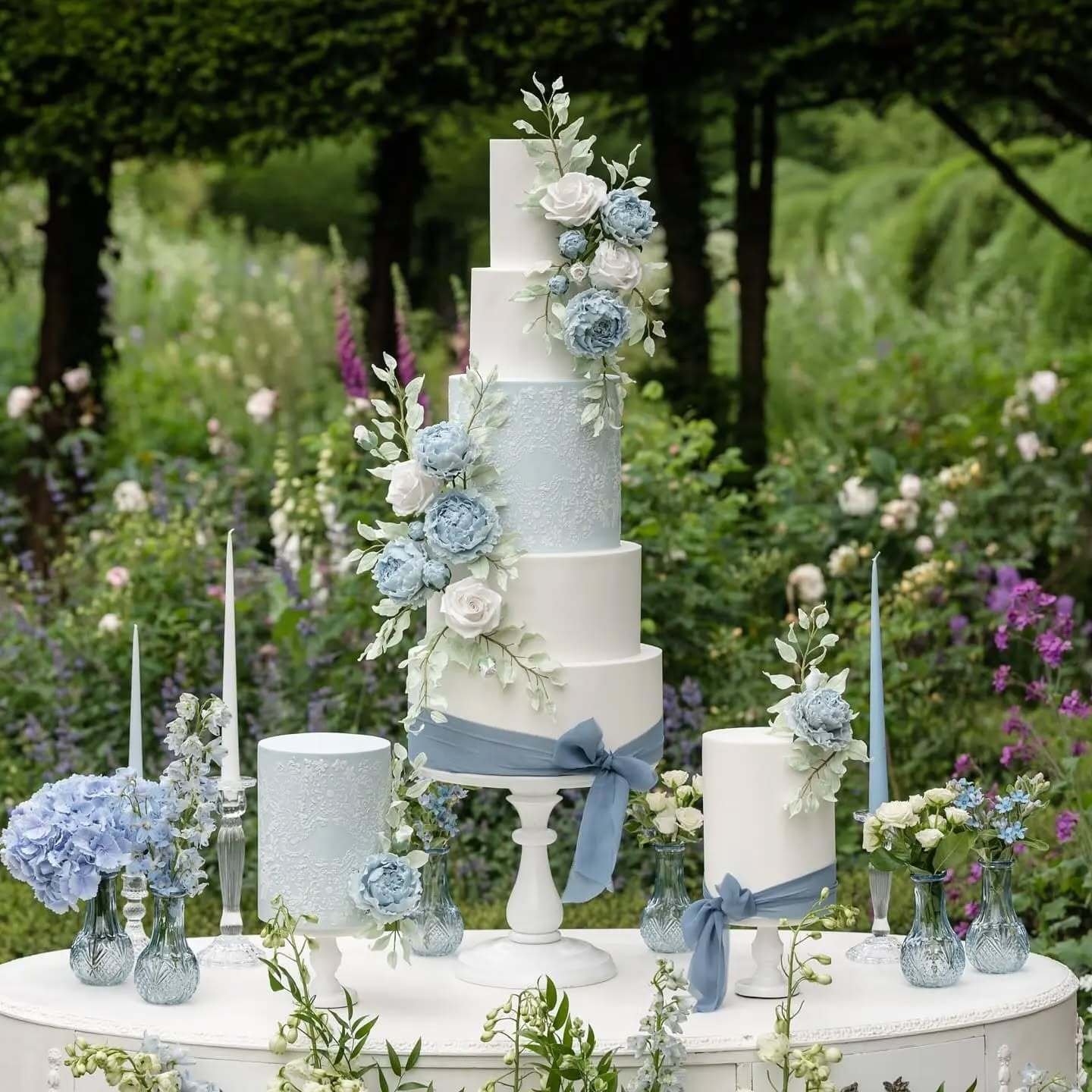 Five-tiered blue and white wedding cake decorated with roses and greenery, set in a floral garden.