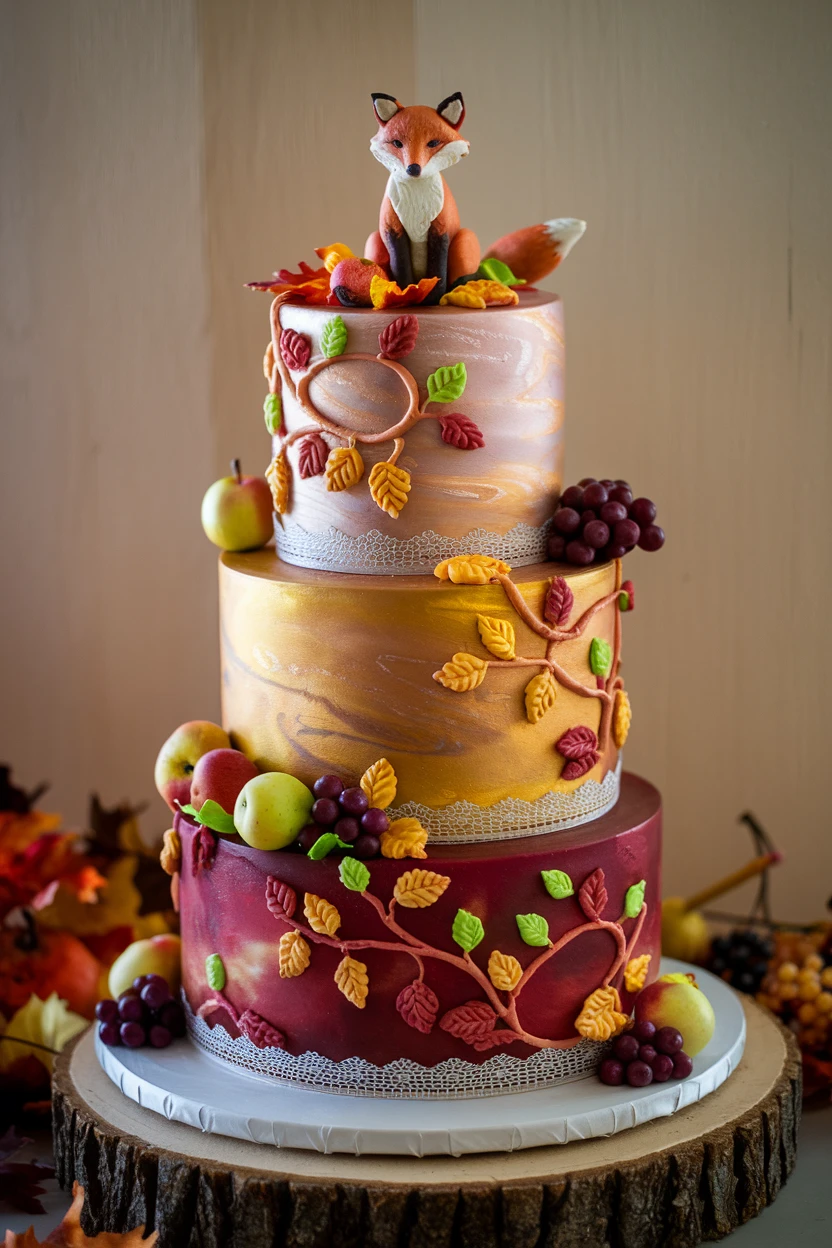 A three-tier cake featuring a fox figurine, decorated with colorful leaves and fruits, displayed on a wooden base.