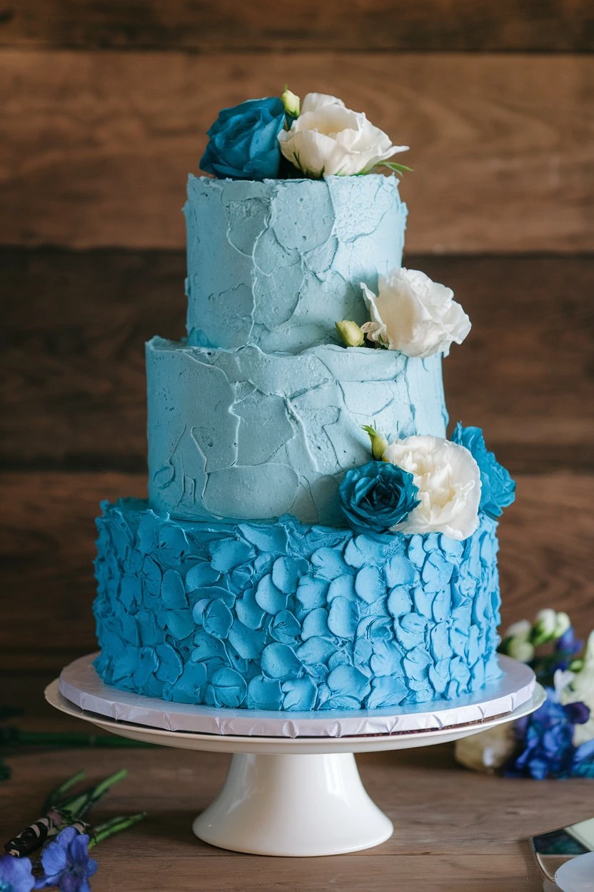 Three-tiered blue wedding cake with textured frosting and fresh white and blue flowers.