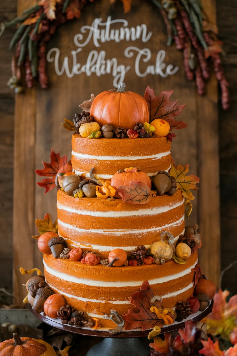 A three-tier semi-naked wedding cake in orange, decorated with pumpkins, leaves, and acorns, displayed on a classic stand.