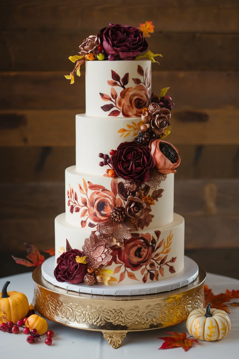 A four-tier white wedding cake decorated with burgundy flowers and gold accents, elegantly displayed on a gold stand.