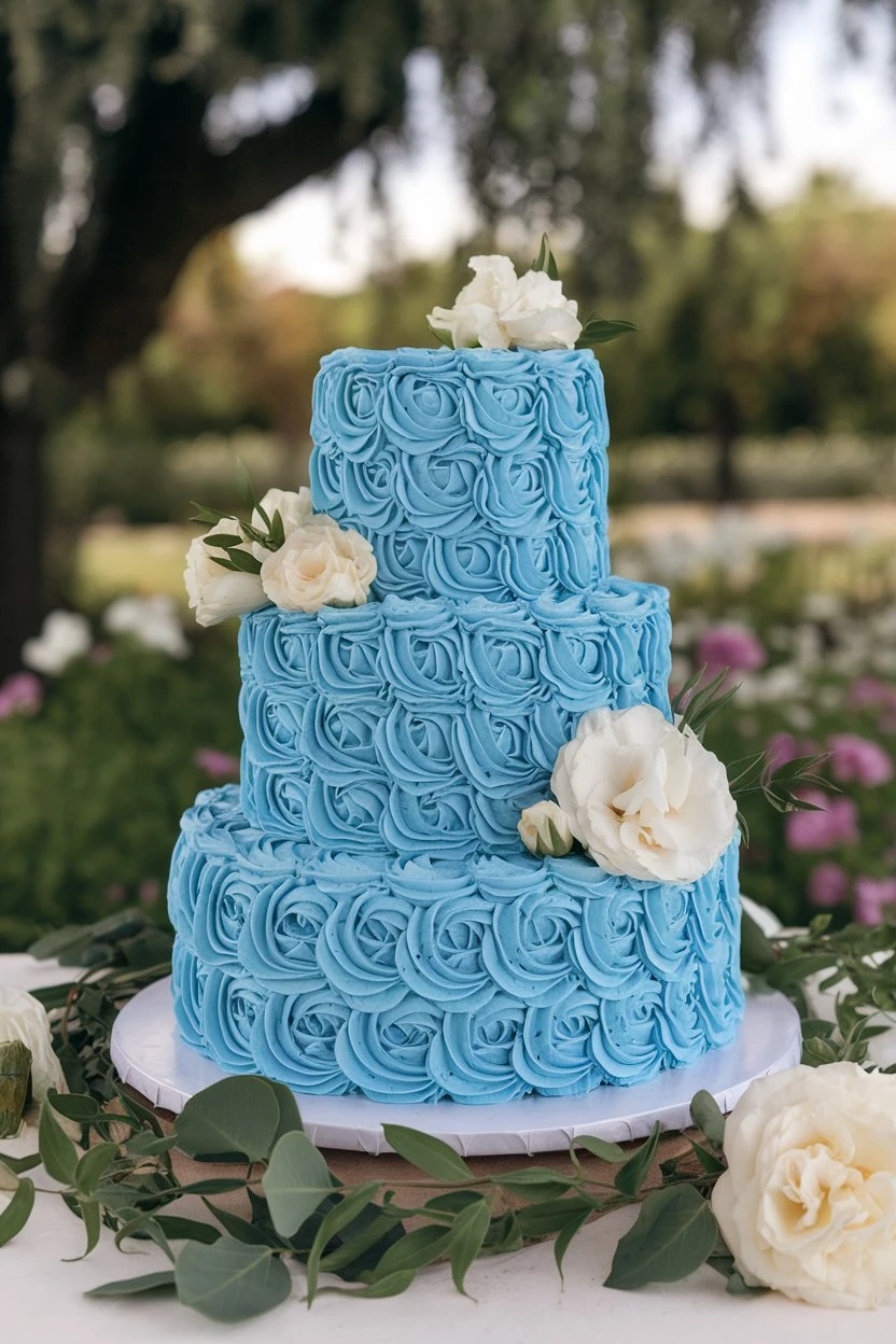 Three-tiered blue cake decorated with rosette patterns and topped with white flowers, set outdoors.