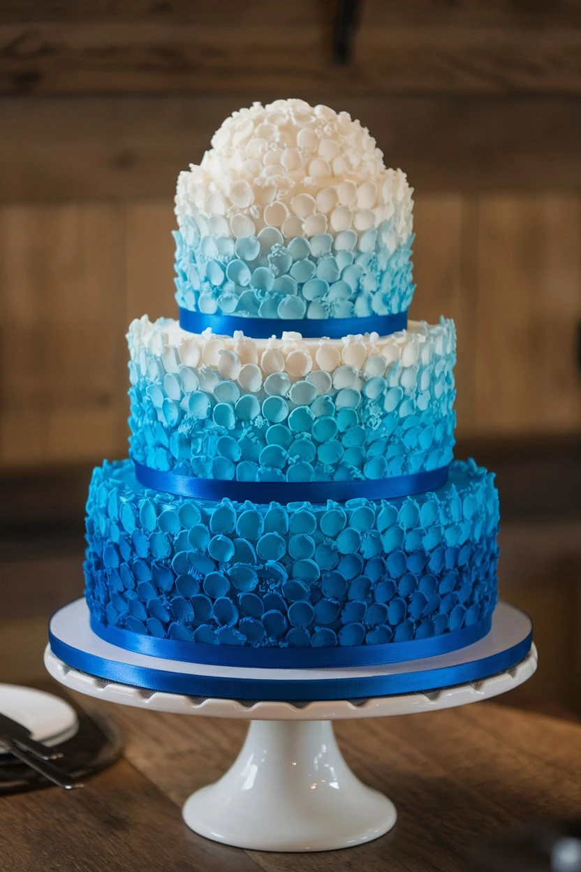 Three-tiered blue wedding cake featuring an ombre effect and shell-like decorations.