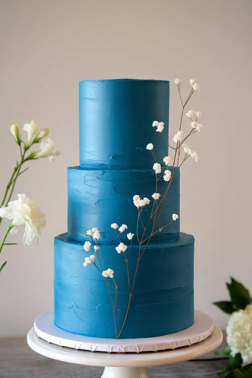 Three-tiered blue wedding cake with a smooth finish and delicate white floral decorations.