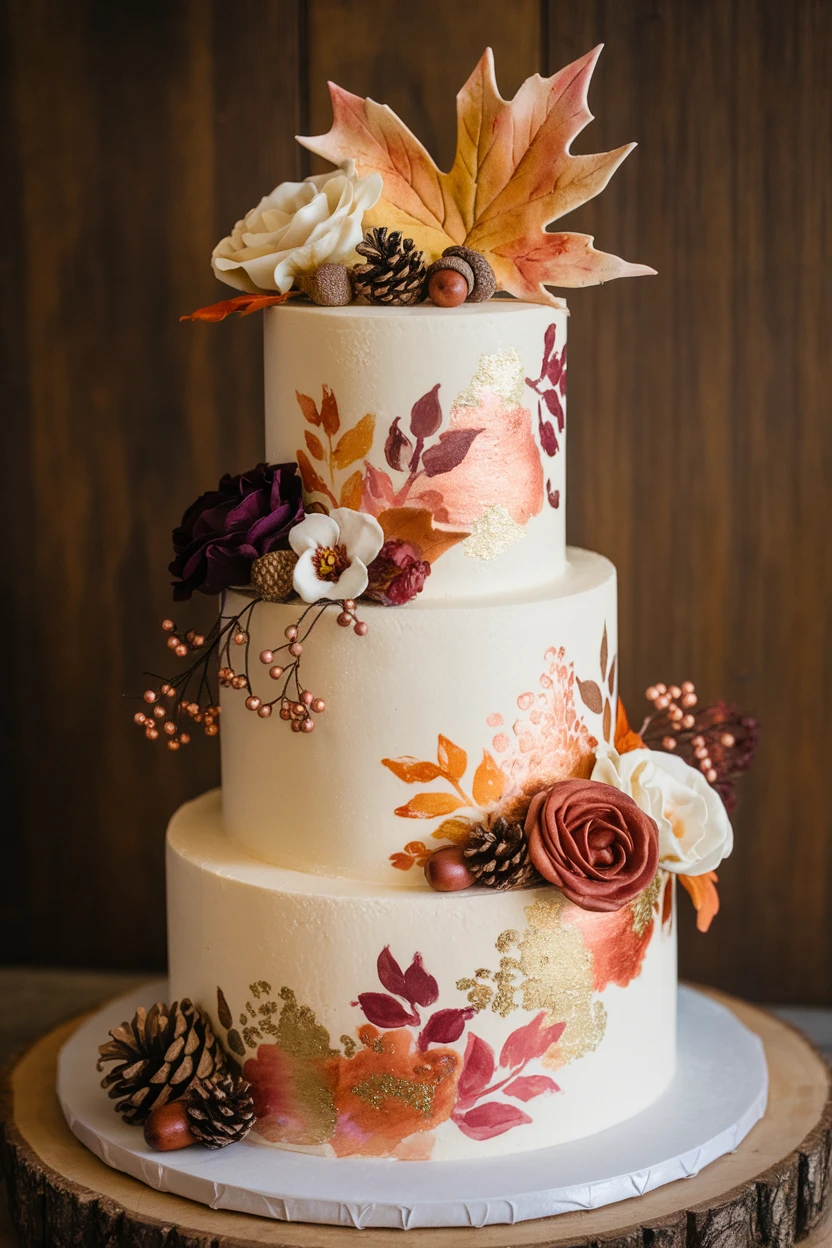 A three-tier wedding cake with watercolor designs, sugar flowers, and gold accents, set on a wooden base.