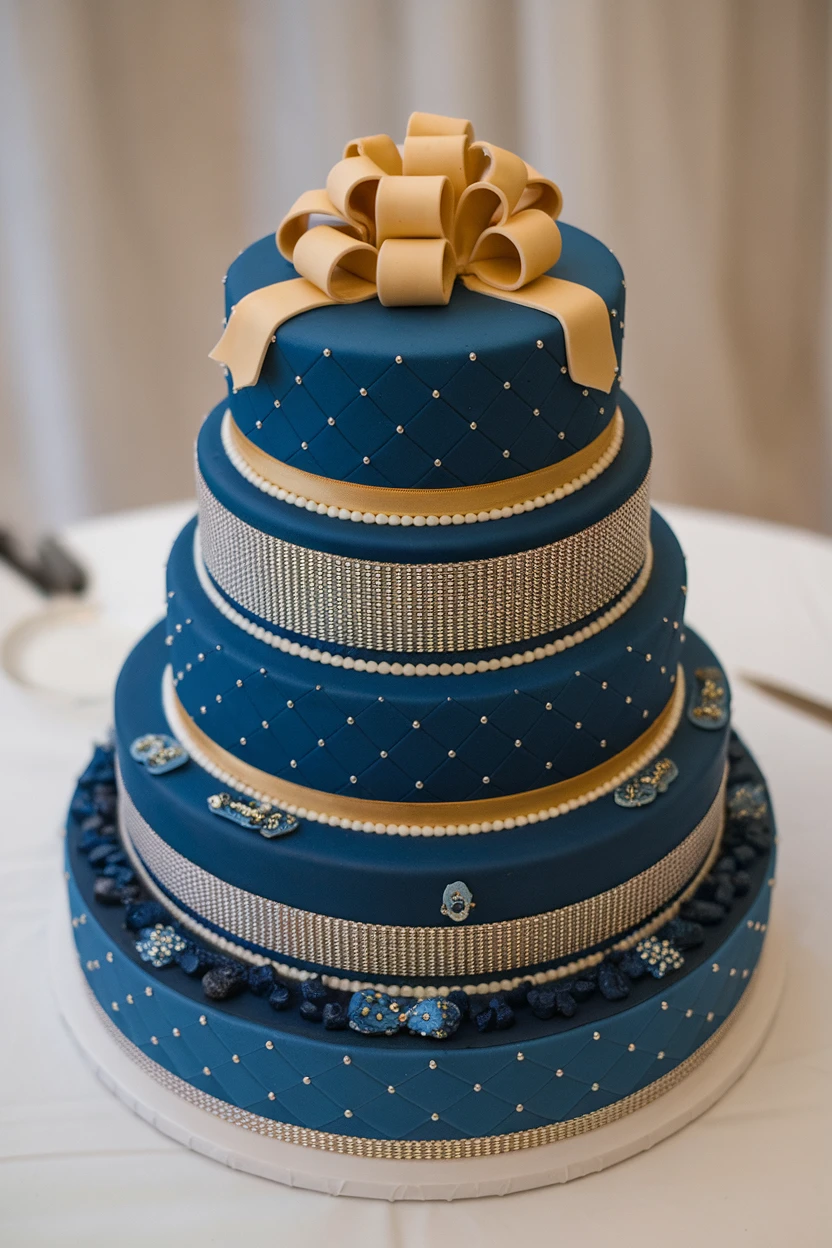 Four-tiered blue wedding cake decorated with gold ribbons and intricate detailing.