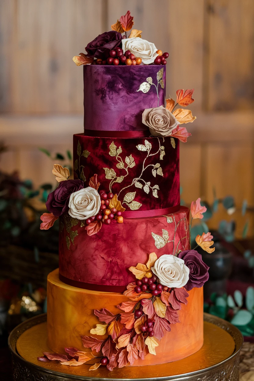 A four-tier cake with velvet textures, adorned with gold accents, roses, and autumn leaves, displayed elegantly on a stand.