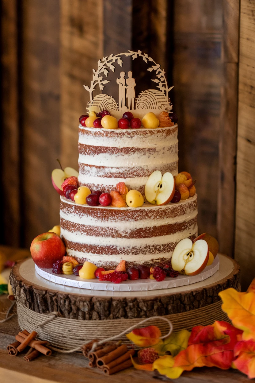 A rustic naked wedding cake adorned with fresh fruits and a wooden couple topper, surrounded by autumn leaves.