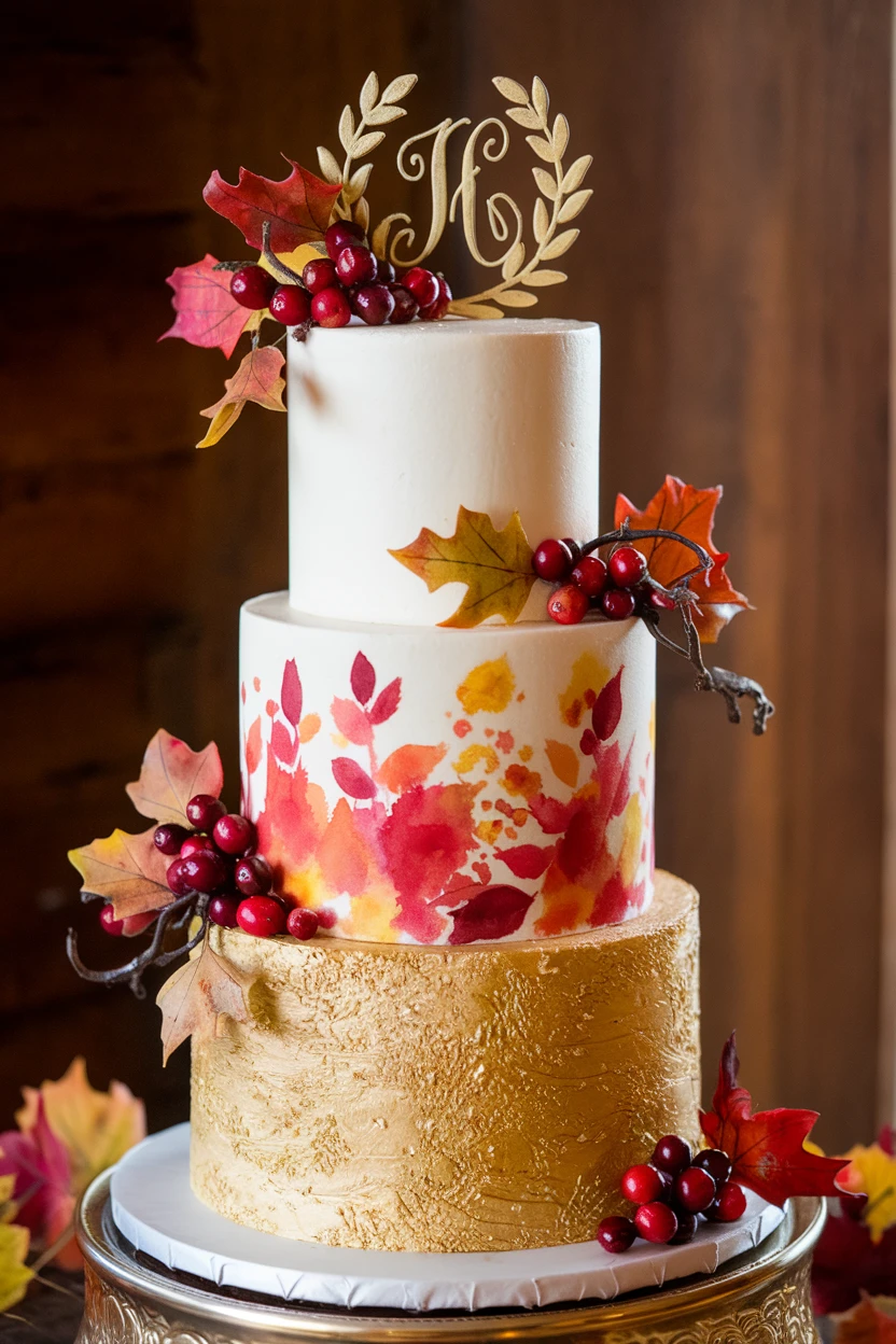 A three-tier wedding cake with a golden base, watercolor leaf designs, and a decorative monogram, adorned with berries and leaves.