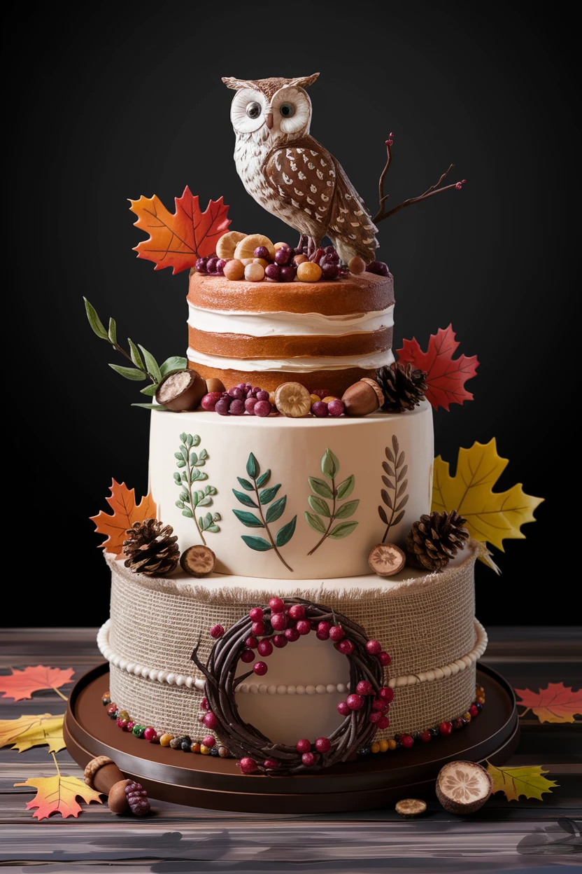 A whimsical cake featuring an owl on top, decorated with burlap, pinecones, and hand-painted foliage, set against a dark background.