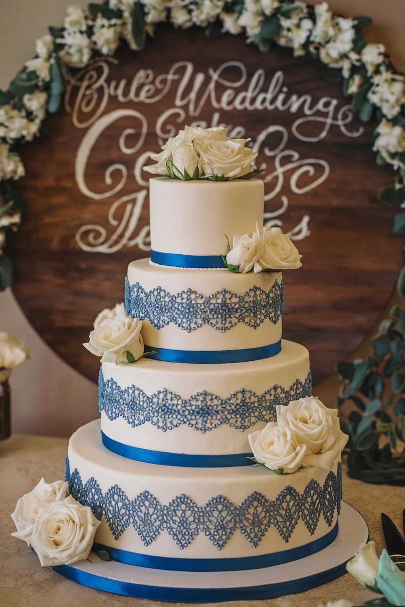 Four-tiered wedding cake featuring blue lace designs and white roses, set against a decorative backdrop.