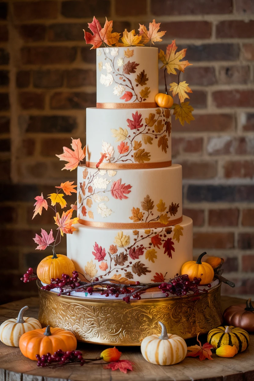 A four-tier wedding cake with autumn leaf designs, gold accents, and small pumpkins, elegantly displayed on a decorative stand.