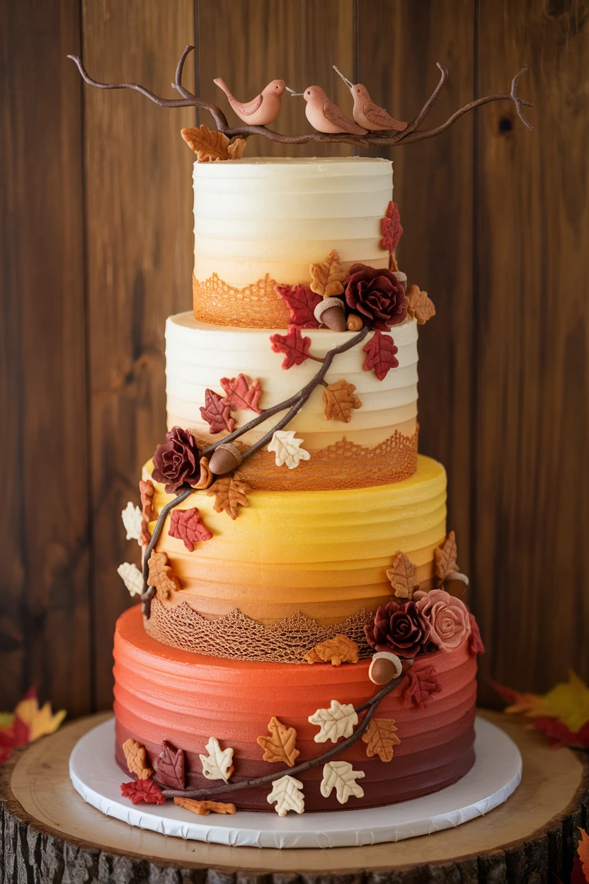 A four-tiered ombre wedding cake, featuring a gradient from dark red/orange to white, decorated with fondant leaves, roses, acorns, and a branch with three small sculpted birds, resting on a rustic wooden base.