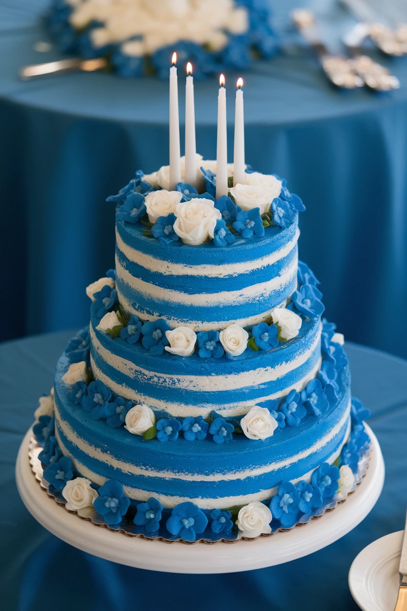 Three-tiered blue wedding cake with alternating stripes, adorned with blue flowers and candles.