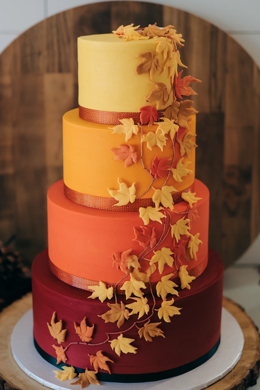 A four-tier cake with a gradient of yellow to red, adorned with cascading fondant leaves and ribbon accents, displayed elegantly.