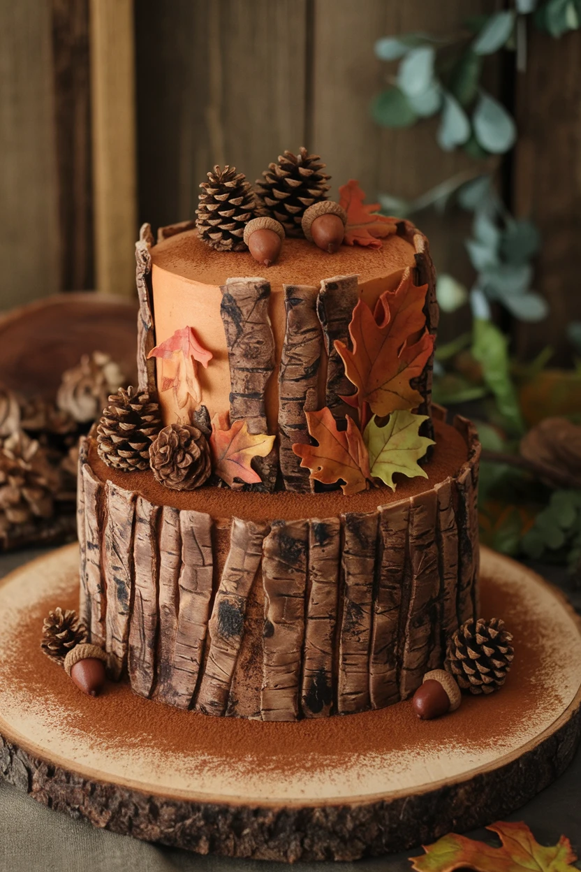 A two-tier cake designed to look like a tree trunk, decorated with fondant leaves, pinecones, and set on a wooden slab.