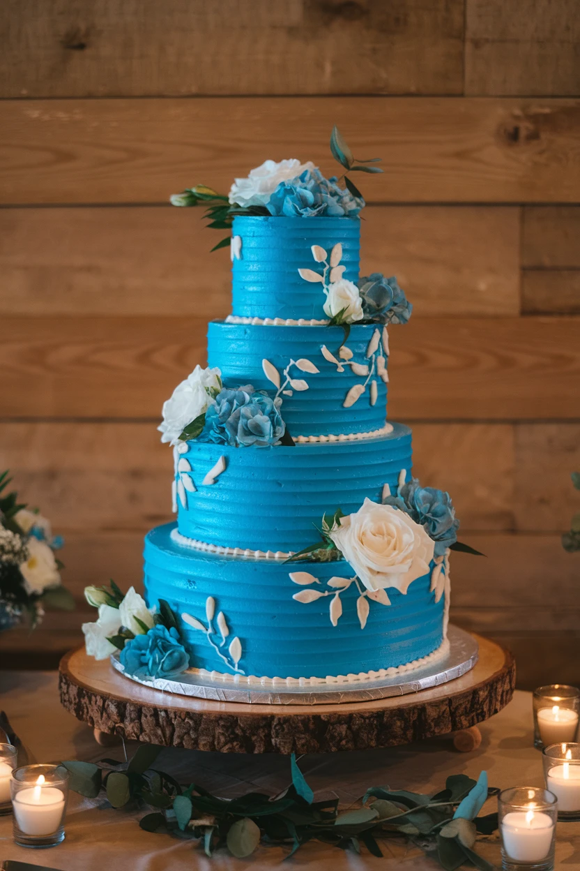 Four-tiered blue wedding cake decorated with white and blue flowers, placed on a wooden slab.