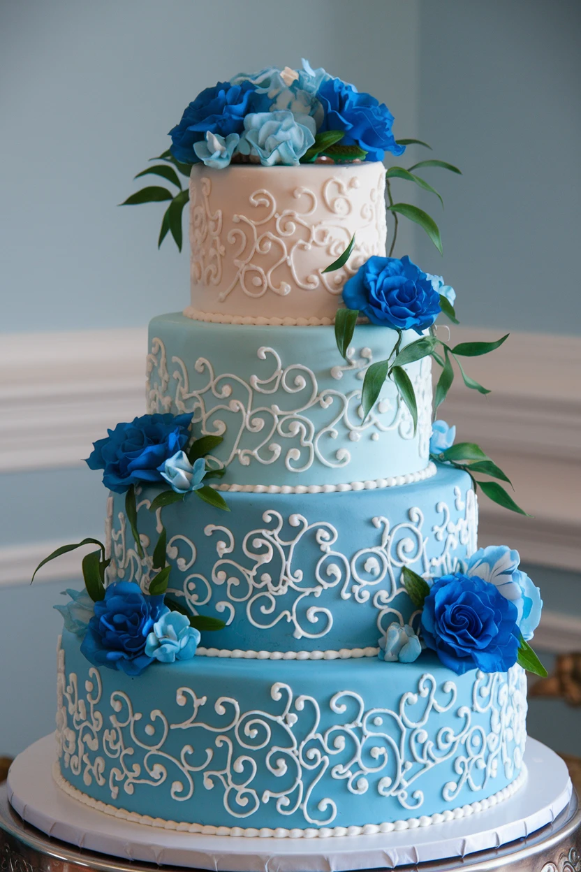 Four-tiered wedding cake in shades of blue, decorated with blue flowers and ornate white designs.