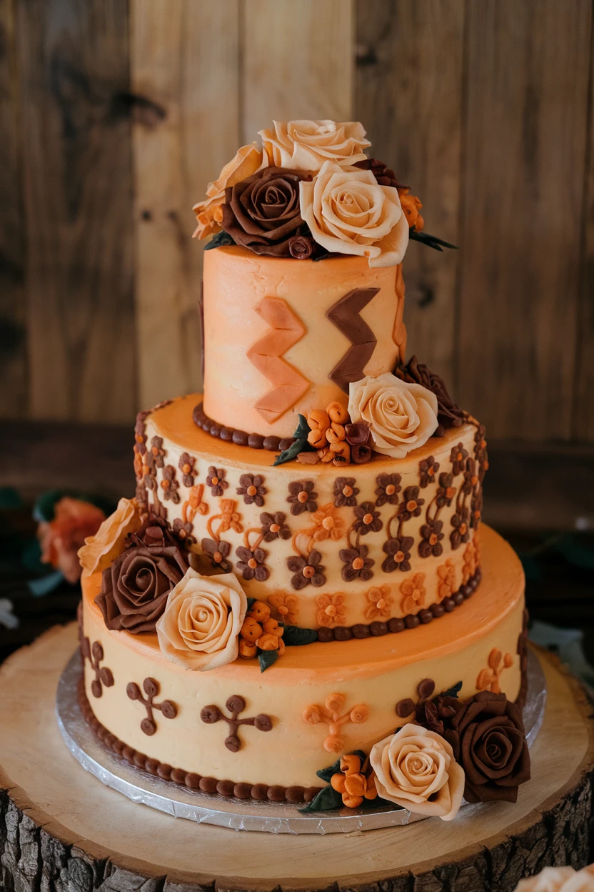 A three-tier fall wedding cake with orange frosting, adorned with chocolate designs and beautiful floral accents.