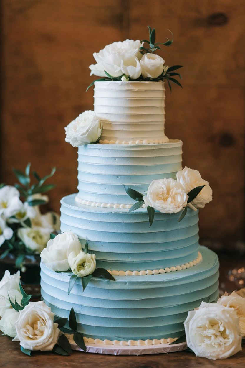 Three-tiered blue and white wedding cake adorned with white peonies and greenery.