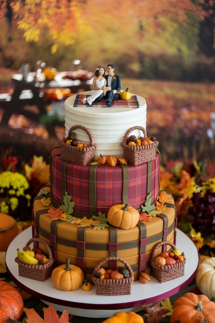 A Three-tier fall wedding cake with plaid design, couple figurine, and miniature baskets filled with pumpkins and gourds.