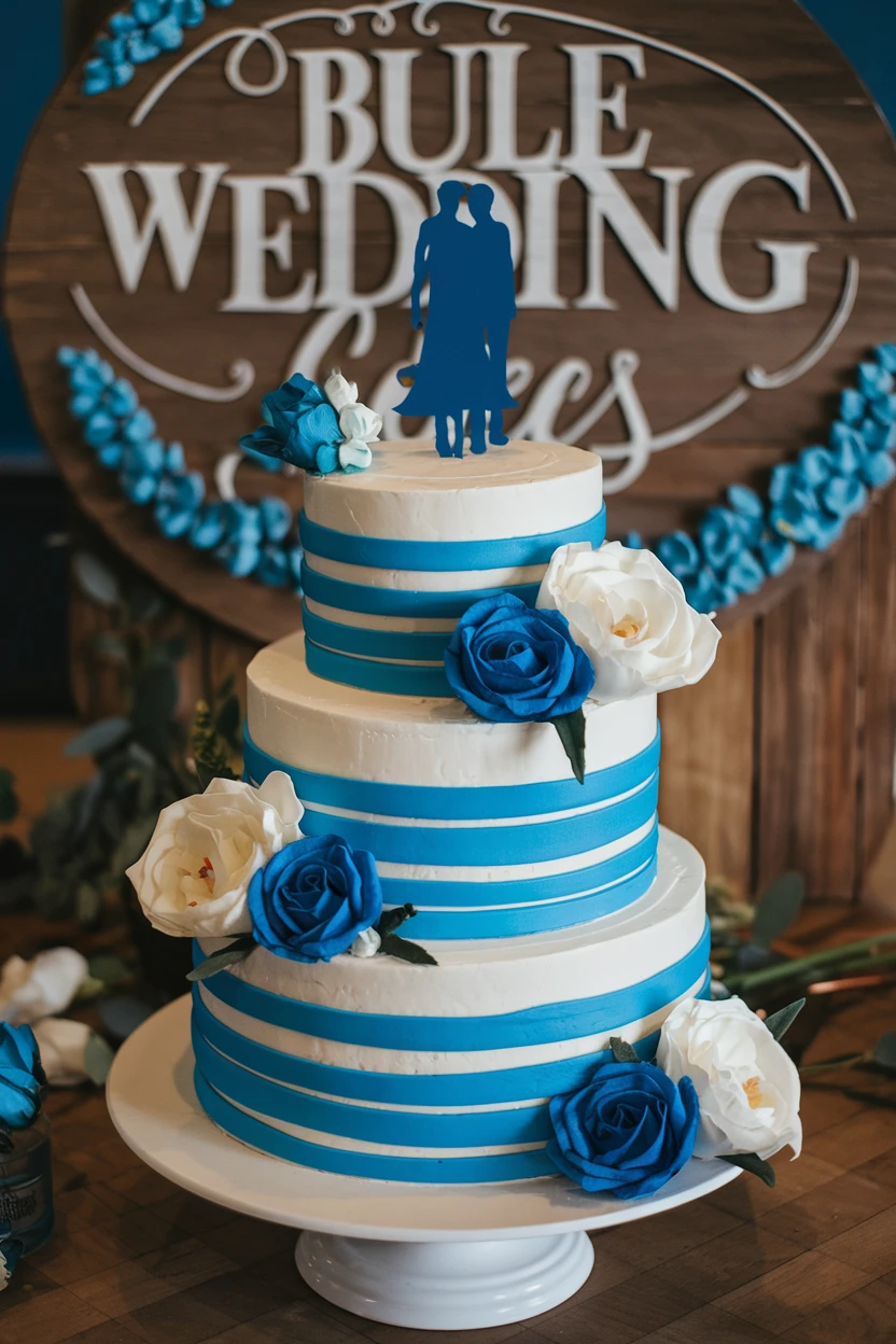 Three-tiered wedding cake featuring blue stripes and white roses on a decorative stand.