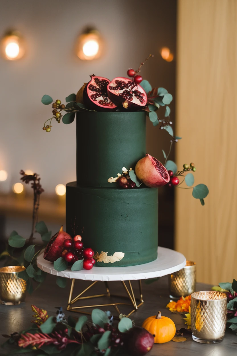 A two-tier green wedding cake decorated with pomegranates and greenery, elegantly displayed on a modern stand.