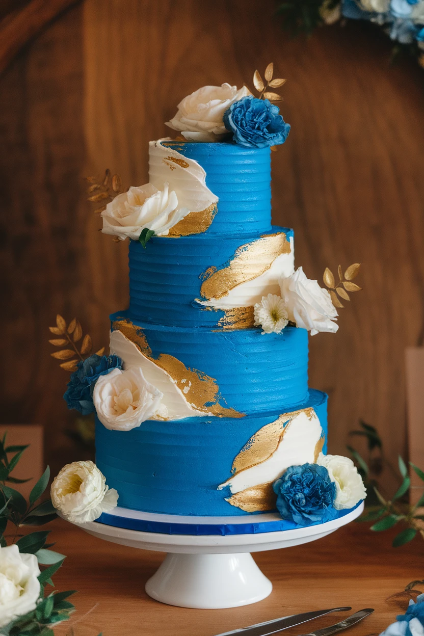 Four-tiered blue wedding cake embellished with white and blue flowers and gold leaf details.