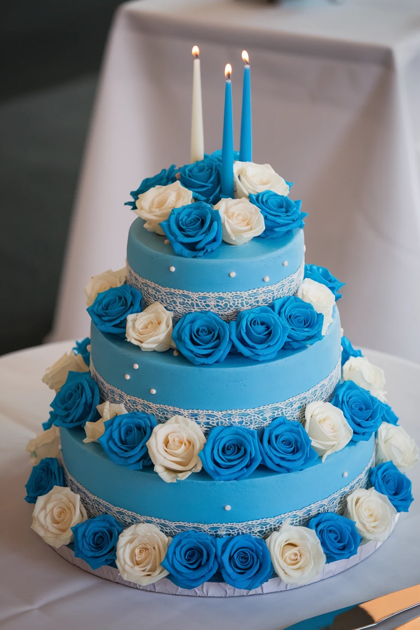 Three-tiered wedding cake adorned with blue and white roses, topped with decorative candles.