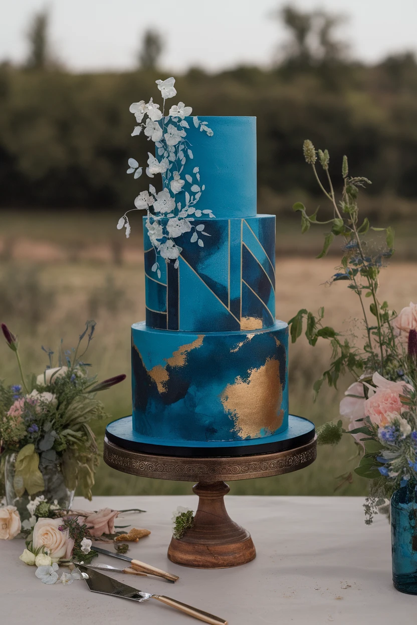 Three-tiered wedding cake featuring blue and gold marbling, geometric patterns, and floral accents