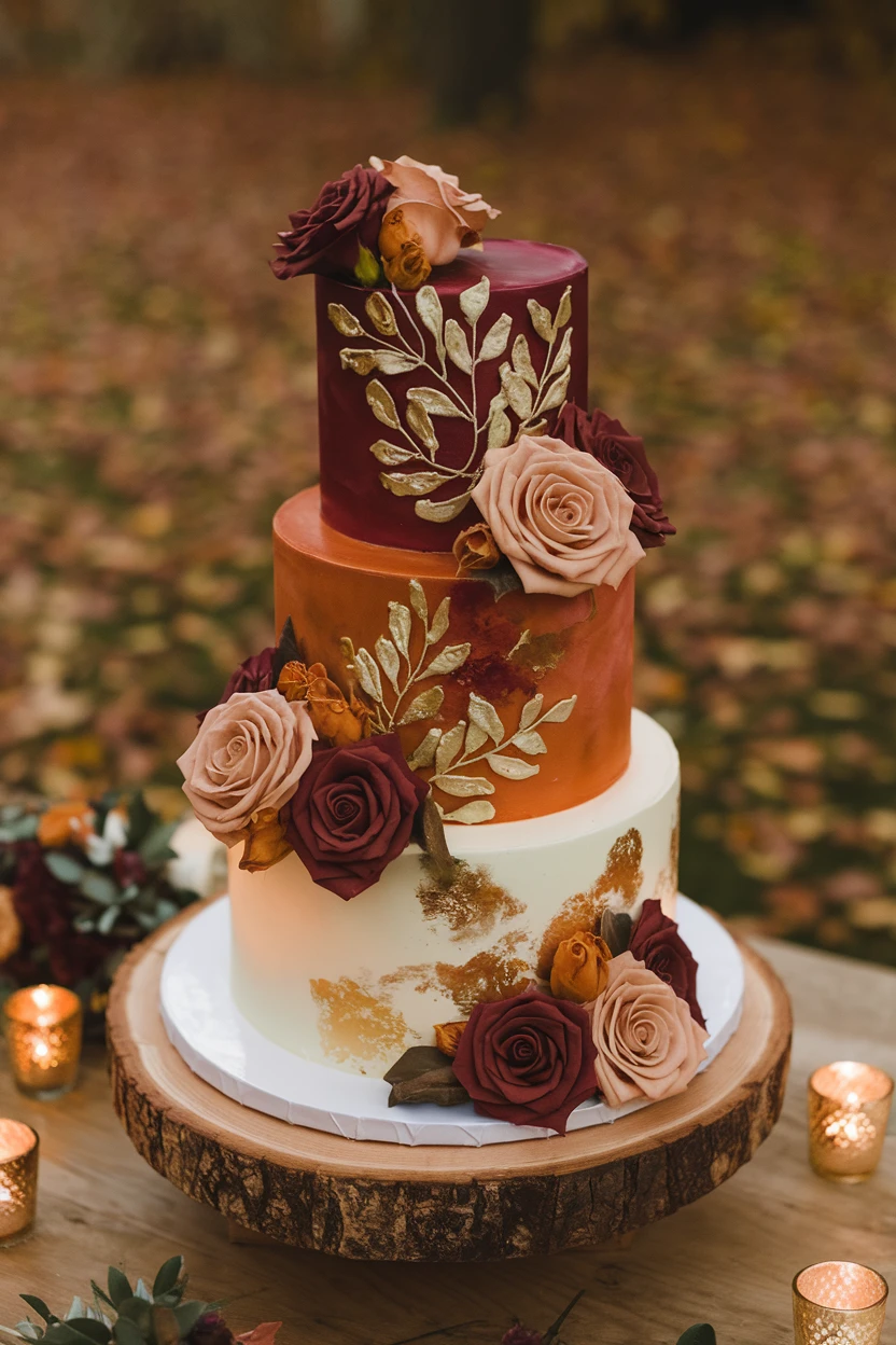 A three-tier autumn wedding cake featuring vibrant colors and gold accents, decorated with sugar flowers and set among fallen leaves.