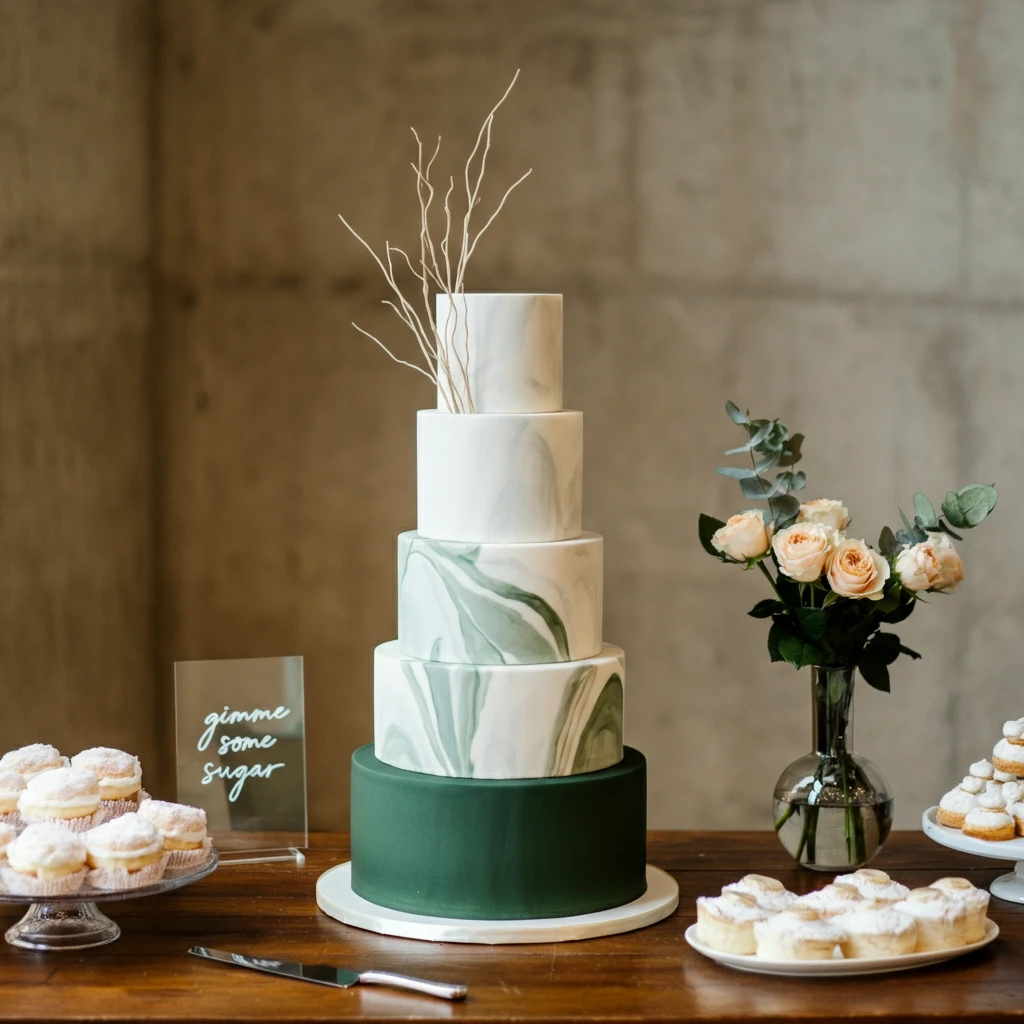 A five-tiered wedding cake with a marble effect in shades of white and sage green. The cake is decorated with twigs and sits on a dessert table with cupcakes and a vase of roses.