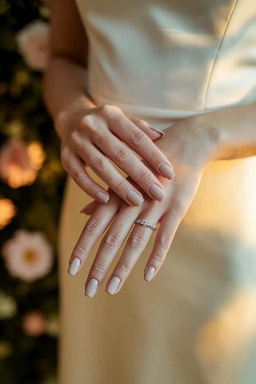 Close-up of a bridesmaid's hands with short, rounded nude nails and a thin silver ring with a small diamond, against a backdrop of blurred soft pink flowers and a light-colored fabric.