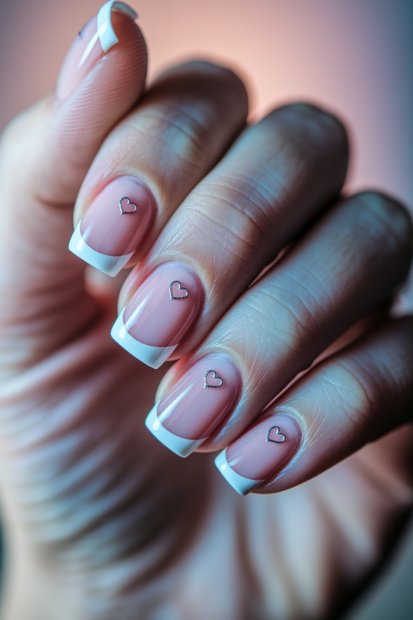A classic white French tip on a natural pink base, each nail embellished with a small silver heart accent.