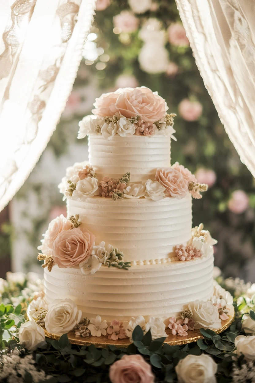 A beautifully designed white wedding cake with pink roses and delicate flowers adorning each tier, set against a floral backdrop.