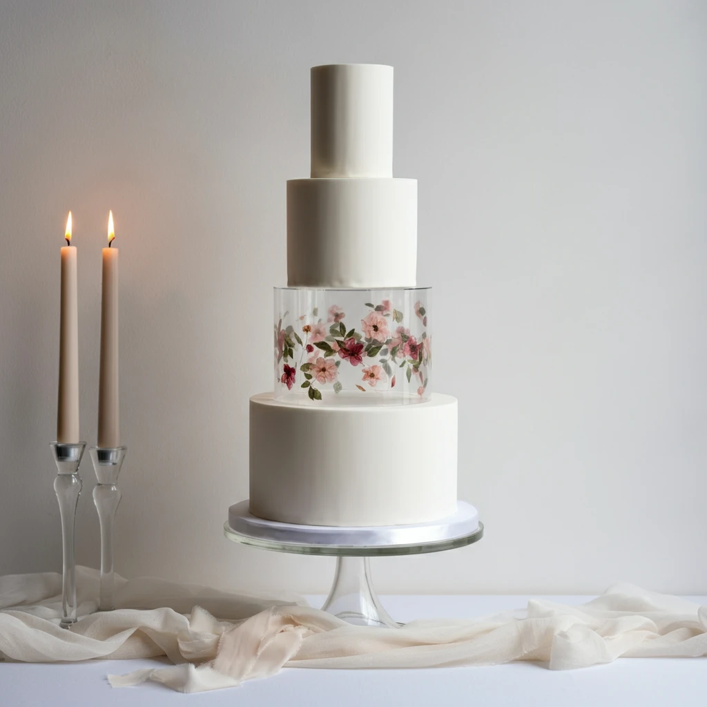 A four-tiered white wedding cake with a clear acrylic tier decorated with floral patterns, on a clear glass pedestal, with two lit candles and a draped fabric on a light background.