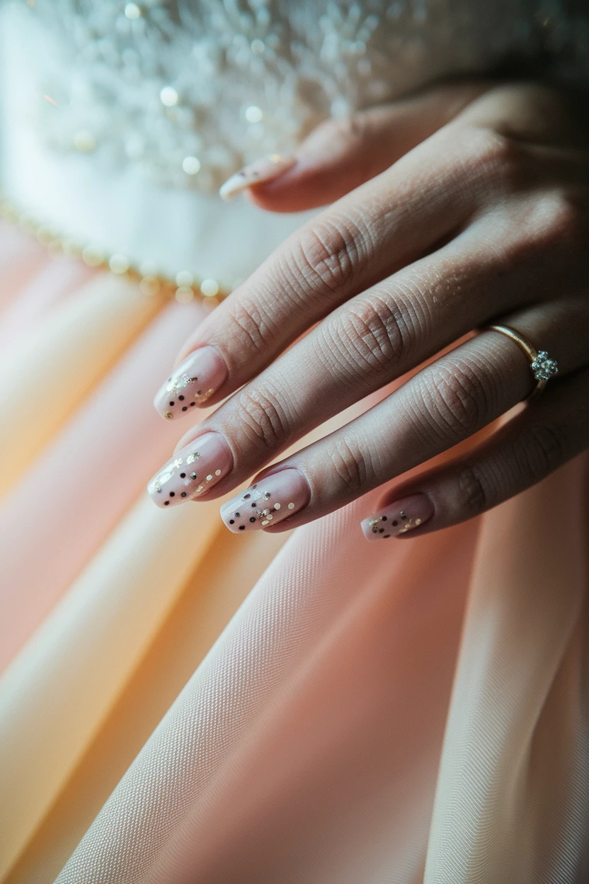 Sheer nails, gold dot design.