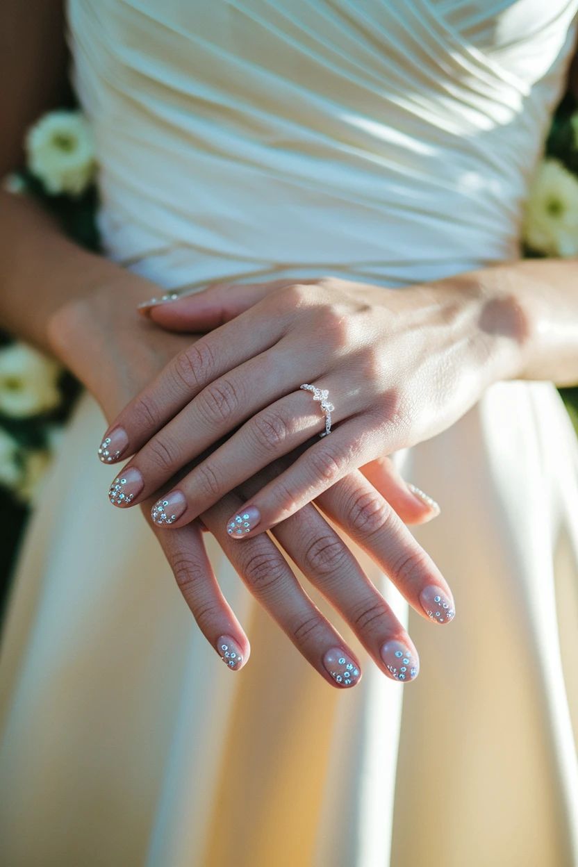 Rhinestone French tip manicure with silver ring.