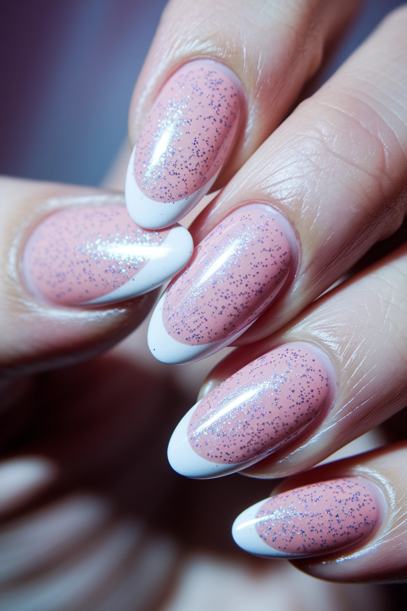 a light pink base speckled with fine glitter and white French tips, showcasing a subtle sparkle.
