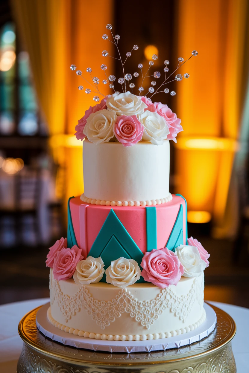 A colorful three-tier wedding cake featuring geometric patterns and floral decorations, topped with delicate sugar accents.