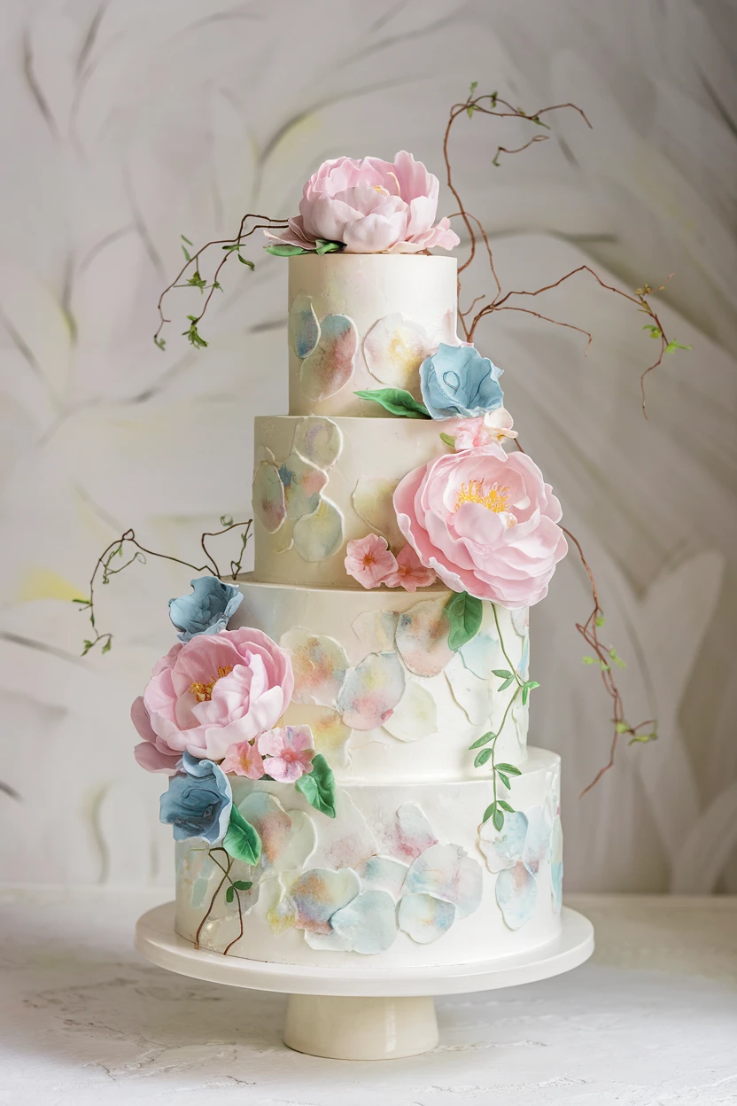 A four-tiered wedding cake with watercolor splashes of pink, blue, and green, decorated with handcrafted pink and blue flowers and twigs, on a white pedestal with a textured background.