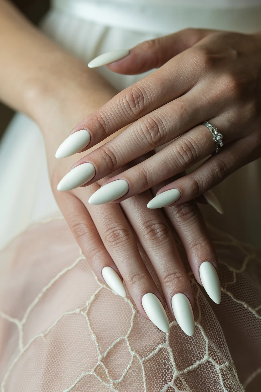 Matte white stiletto nails with lace fabric.