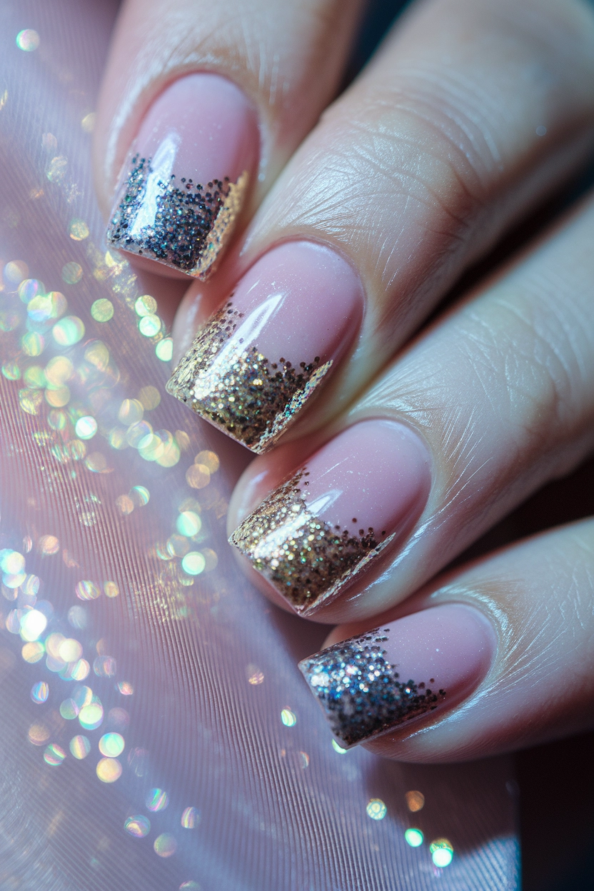 a light pink base and a glitter fade on the tips, featuring a mix of gold and silver glitter, displayed against a backdrop of shimmering fabric.