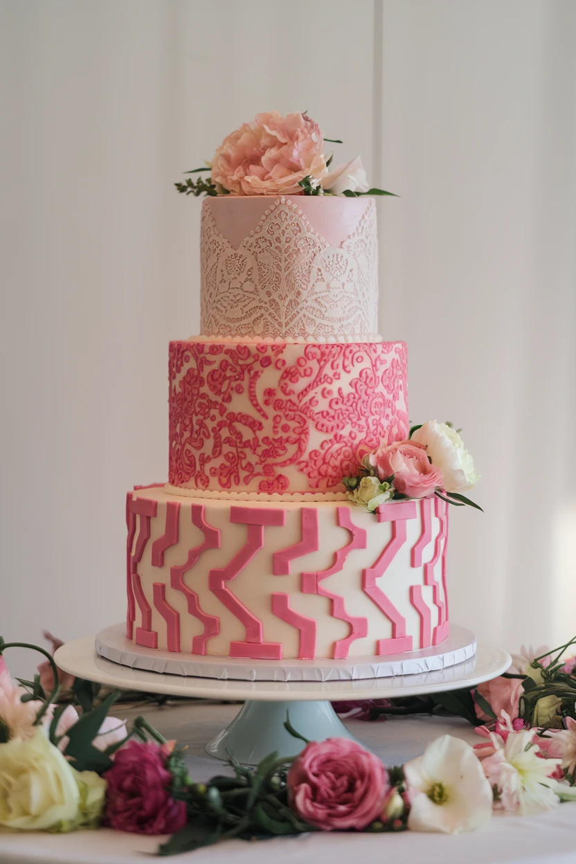 A sophisticated three-tier wedding cake decorated with intricate lace patterns and vibrant pink flowers, set on a decorative stand.