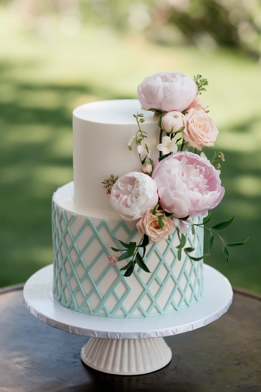 A two-tiered cake with a white top tier and a light blue lattice design on the bottom, decorated with pink peonies and peach roses, on a white pedestal with a blurred green background.