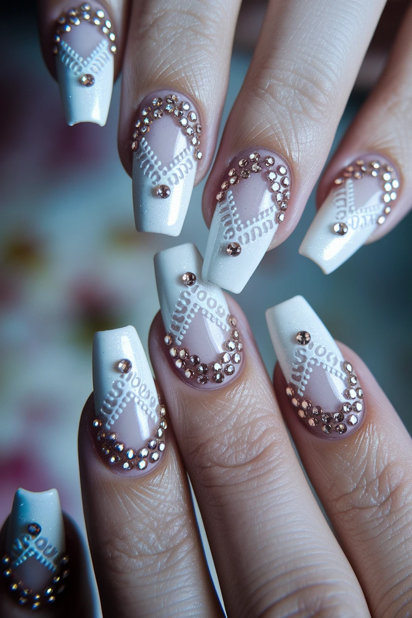 White nails, lace design, gems.