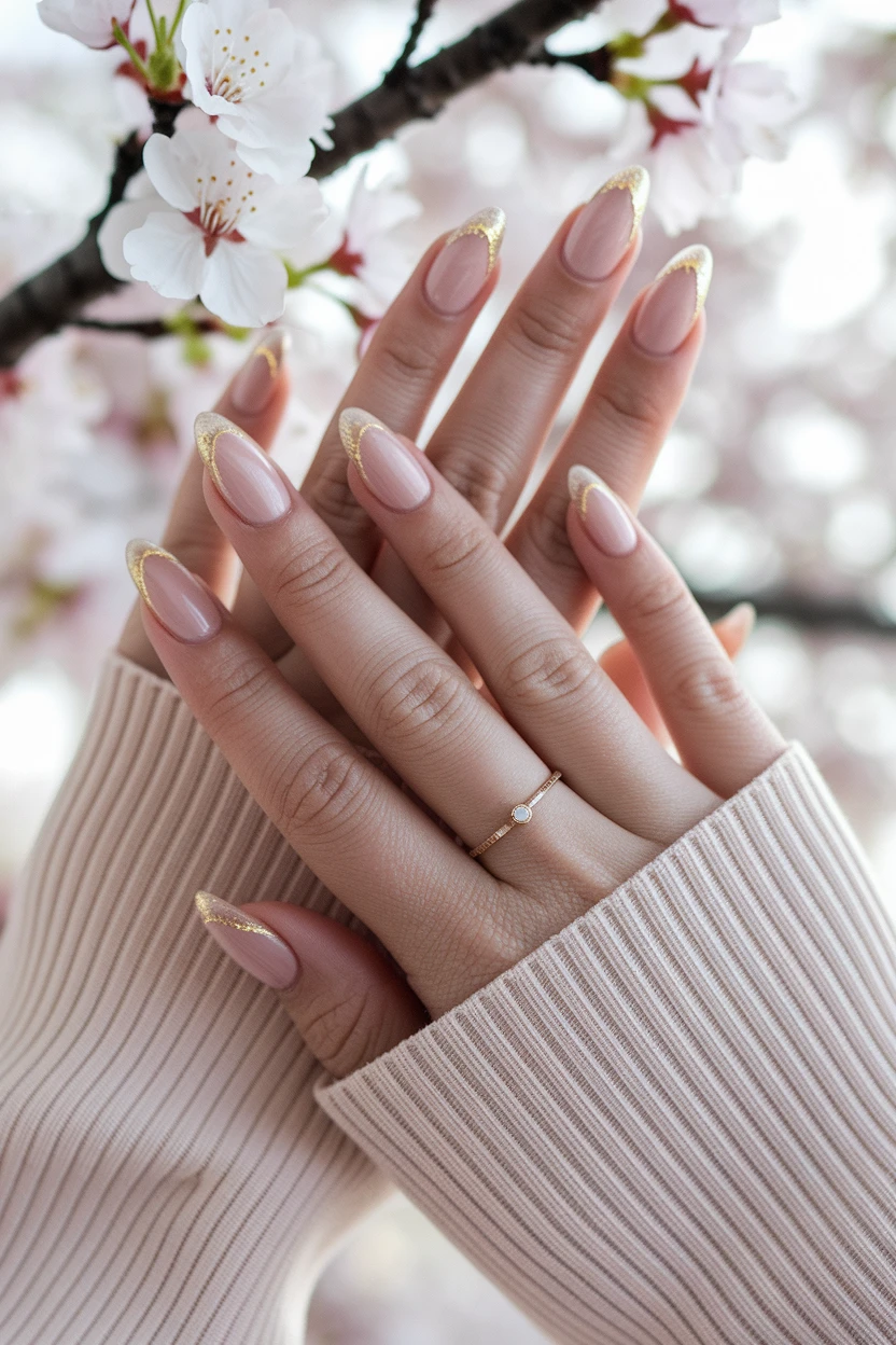 Gold French tip manicure with Spring floral background.